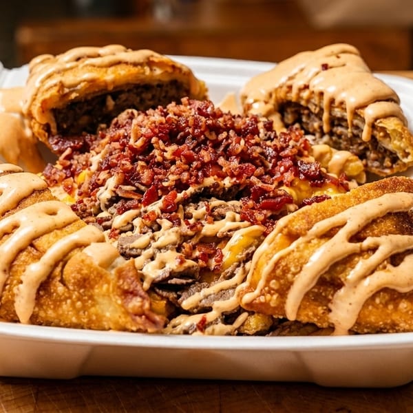 A white takeout container filled with crispy egg rolls, fries, steak, bacon, and a creamy sauce.