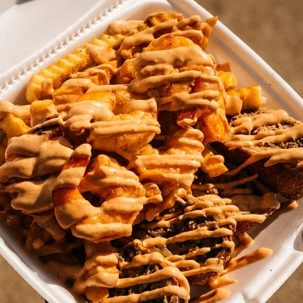 Takeout container filled with fries, shrimp, and meat, all drizzled with a creamy sauce.