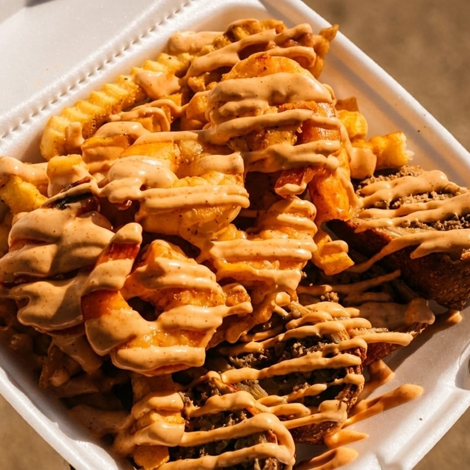 Takeout container filled with fries, shrimp, and meat, all drizzled with a creamy sauce.