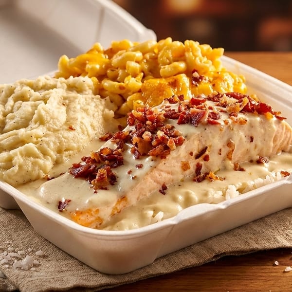 Salmon with cream sauce and bacon, mashed potatoes, and macaroni and cheese in a takeout container.