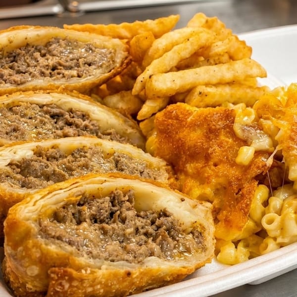 Four cheesesteak egg rolls, golden french fries, and baked macaroni and cheese in a white takeout container.