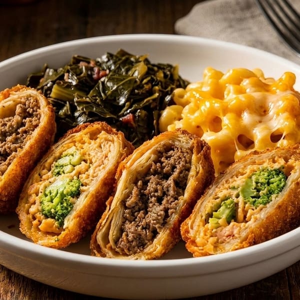 A white bowl filled with mac and cheese, collard greens, and four cut egg rolls on a wooden table.