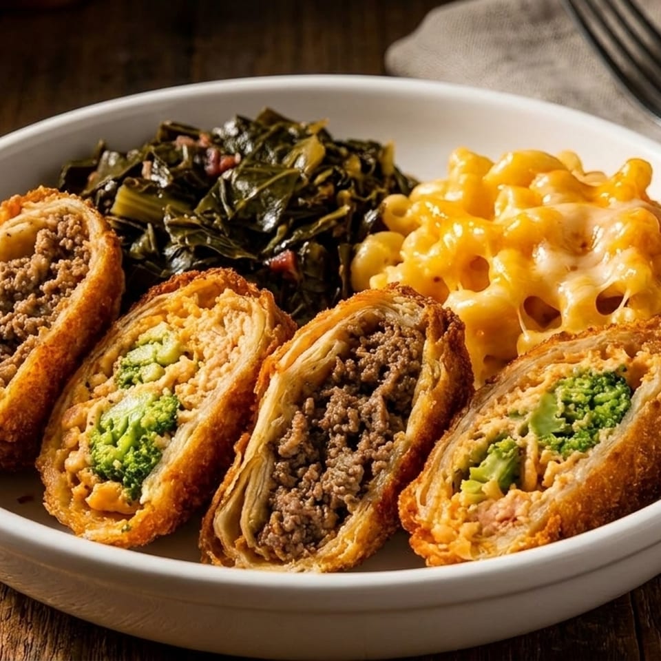 A white bowl filled with four egg rolls, mac and cheese, and collard greens on a wooden table.